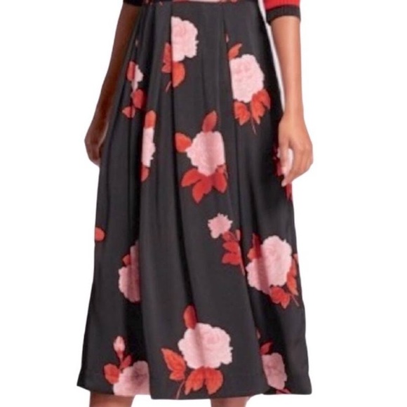 Who What Wear Black Silk Midi Skirt Red Pink Rose Floral Print Valentine - Picture 3 of 6